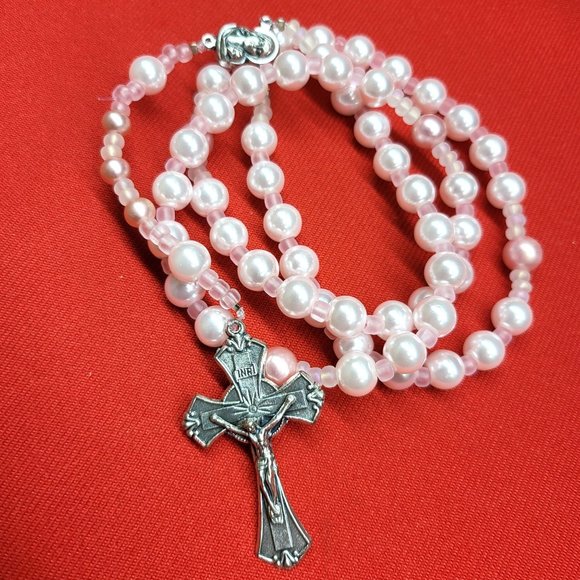 Catholic Rosary Pink White Faux Glass Pearls - Picture 1 of 12